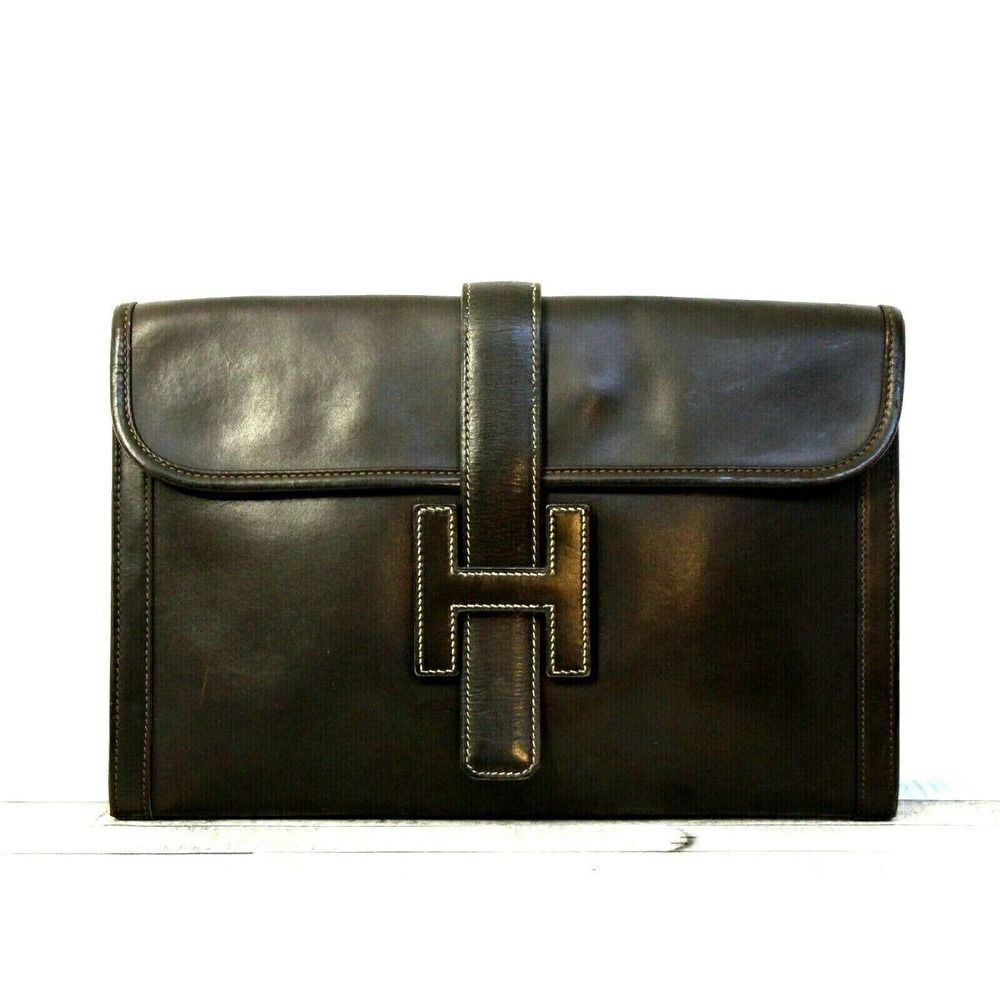 AUTHENTIC HERMÈS JIGE FRANCE BROWN GENUINE LEATHER H LOGO FRONT CLUTCH HANDBAG